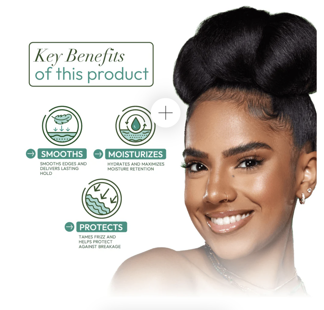 Woman with styled hair and key benefits of a hair product displayed on a white background