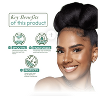 Thumbnail for Woman with styled hair and key benefits of a hair product displayed on a white background