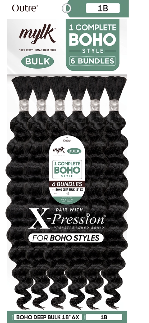 Packaging of mylk hair extensions with branding and product details.