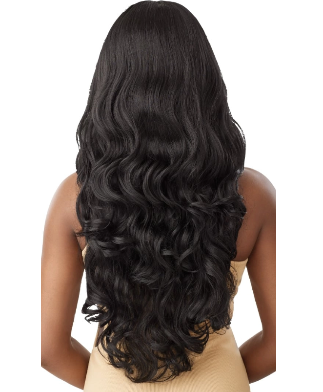 Long, wavy black hair extension on a white background