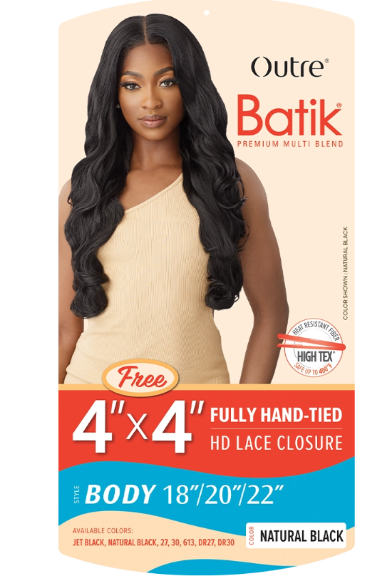 Outre Batik hair product packaging with a model wearing a wig.