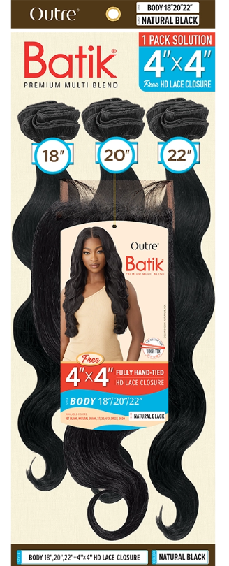 Outre Batik hair extension packaging with product details on a beige background
