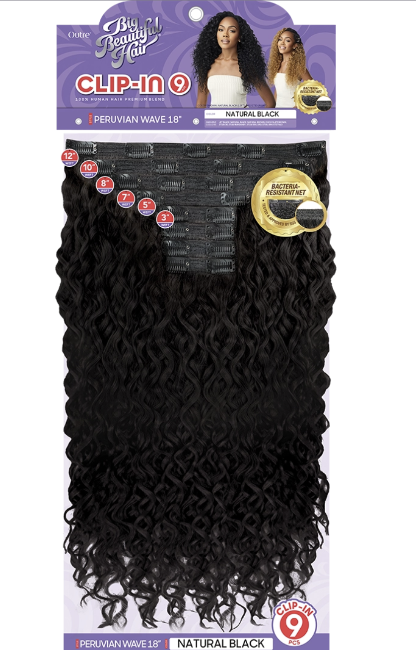 Packaged hair extensions with branding and product details on a white background