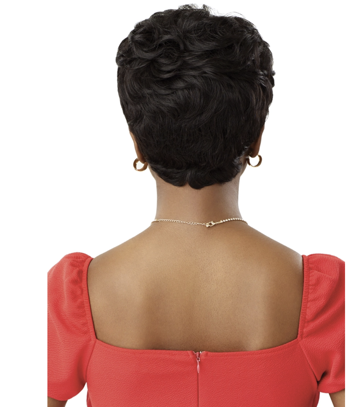 Back view of a person wearing a red off-shoulder top with a white background