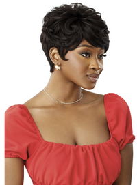 Thumbnail for Woman with styled hair wearing a red top on a white background