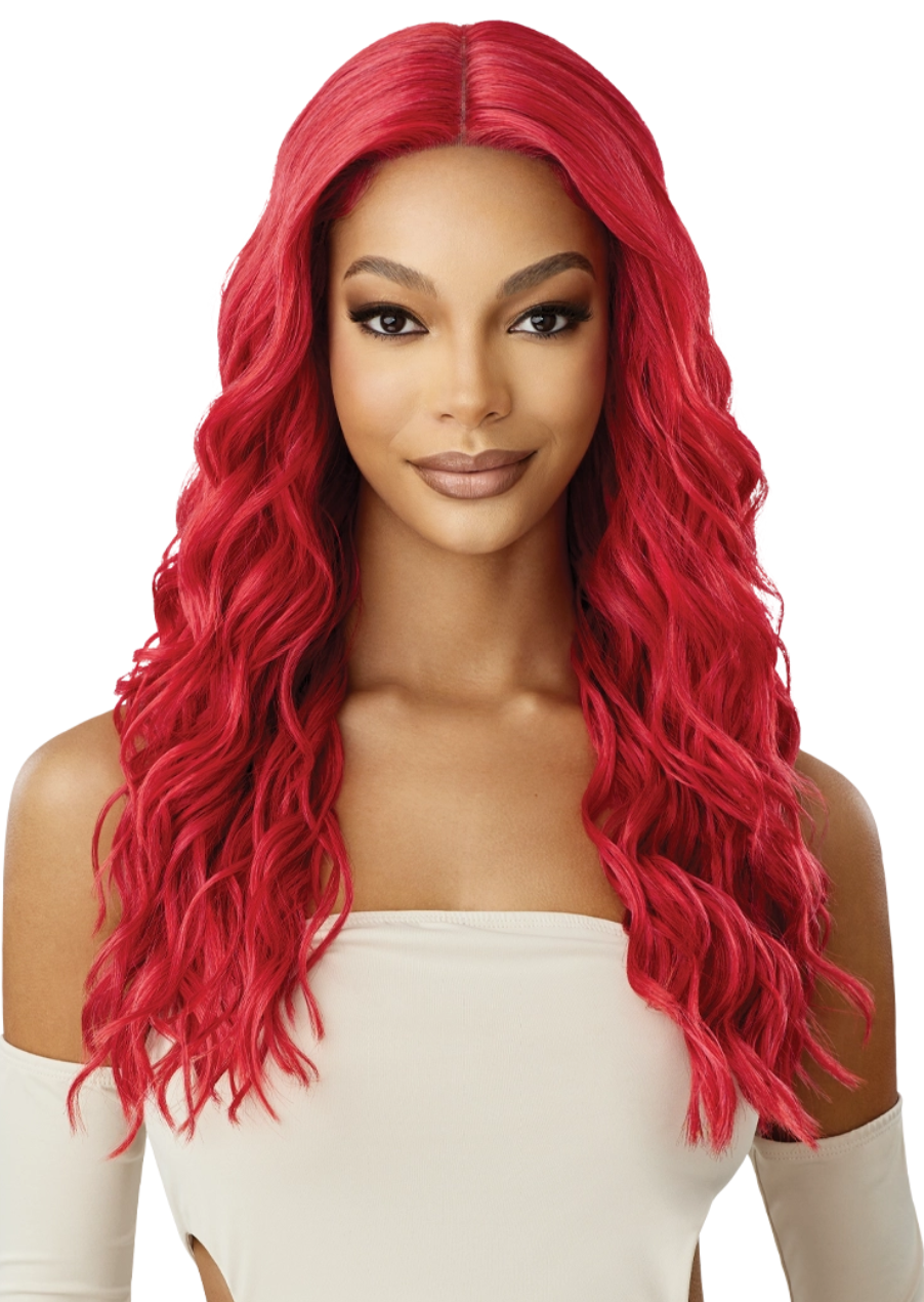 Woman with vibrant red wig on a white background