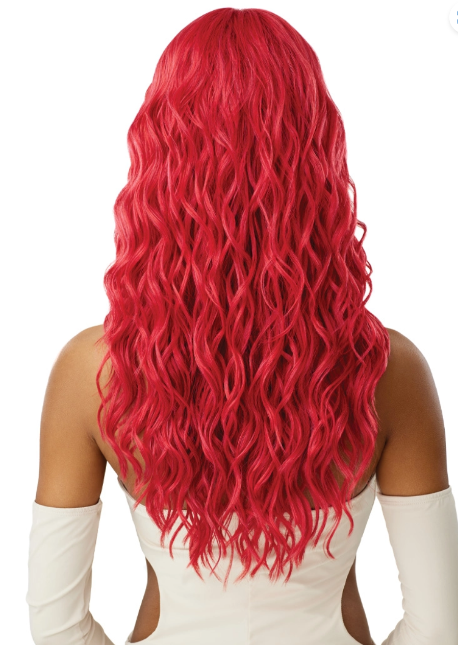 Red wig on a person with a white background