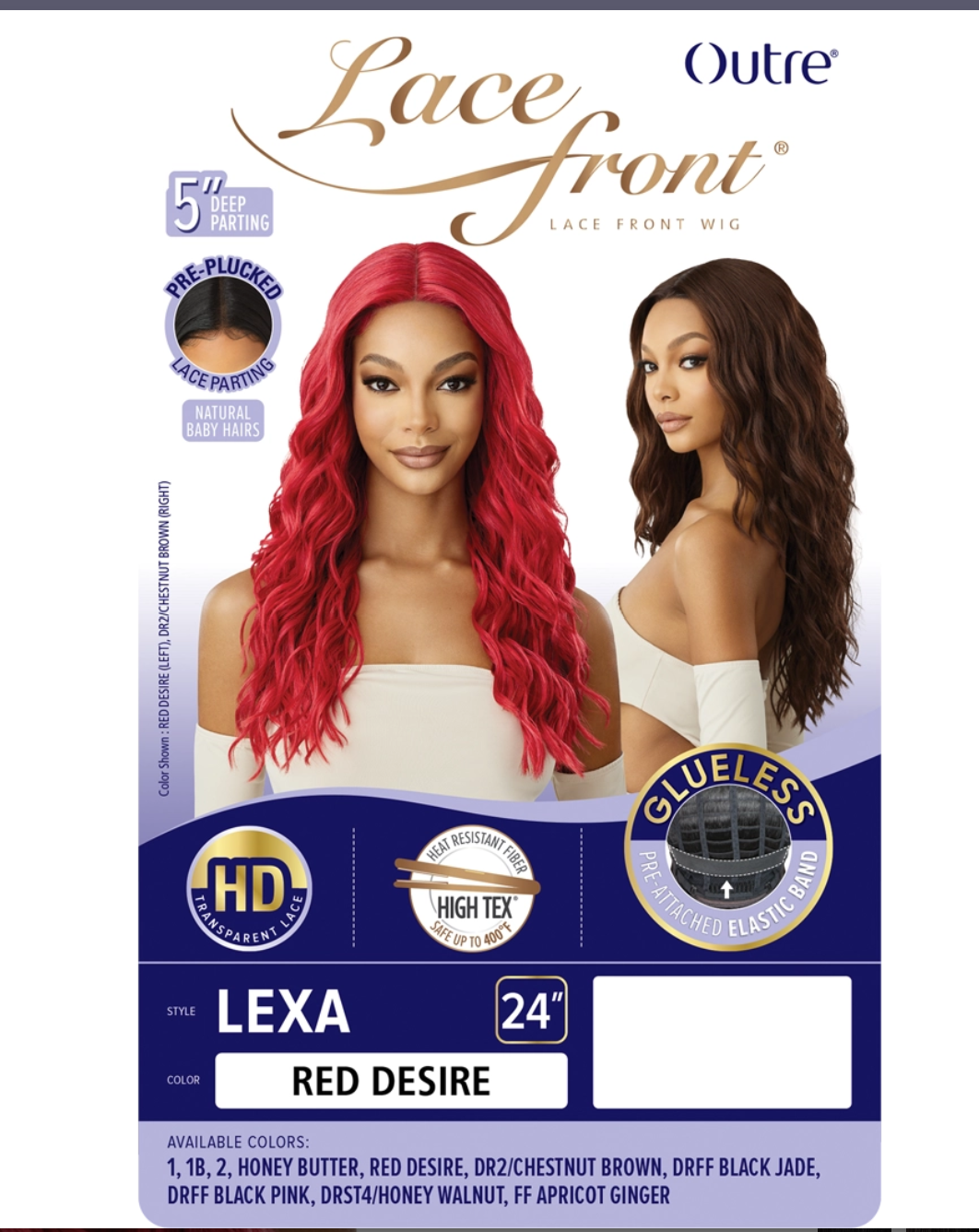 Outre Lace Front wig packaging with two models wearing wigs and product details.