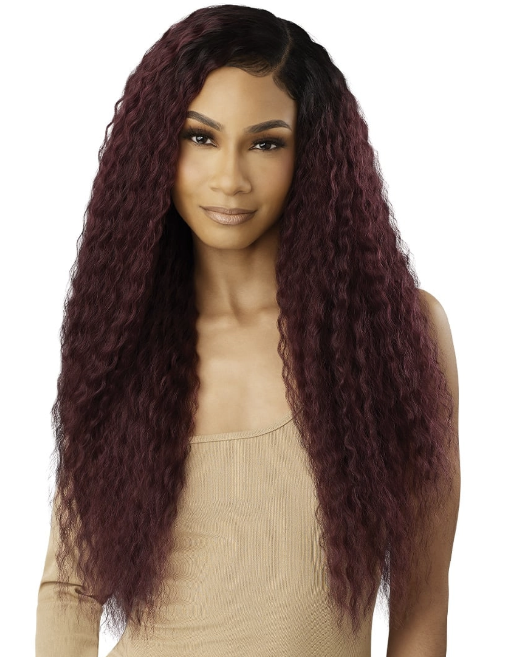 A woman modeling a long, dark burgundy wavy wig against a plain white background.