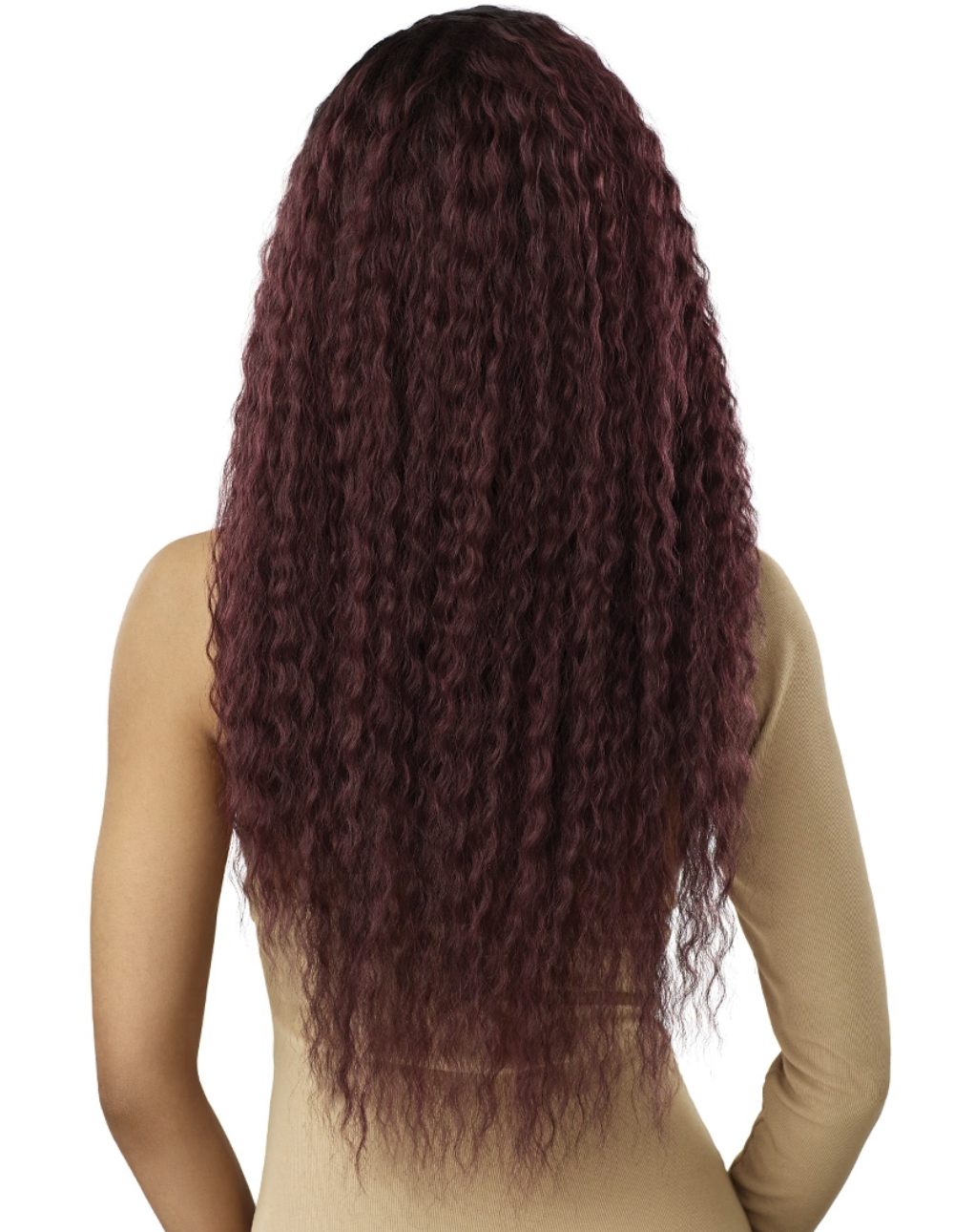 A long, dark auburn curly wig with voluminous, tight curls, shown from the back on a model wearing a beige top against a white background.
