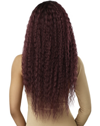Thumbnail for A long, dark auburn curly wig with voluminous, tight curls, shown from the back on a model wearing a beige top against a white background.