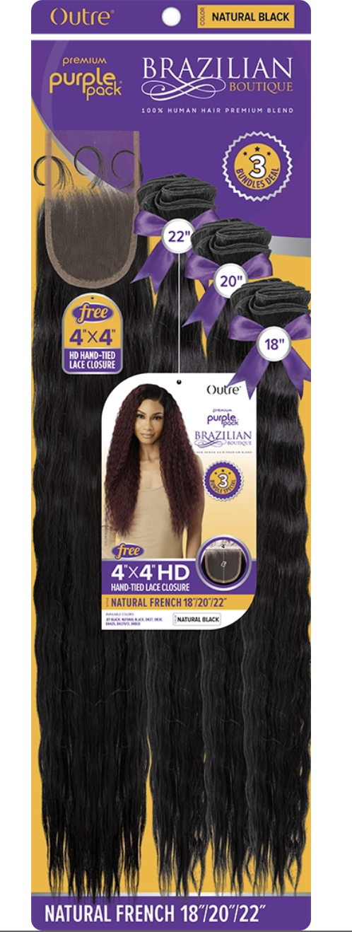 Ouree Brazilian Straight bundle hair extensions in a purple and yellow retail package, containing three black hair wefts (22x4 inches, 20x4 inches, 18x4 inches) and a matching lace frontal.