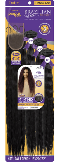 Thumbnail for Ouree Brazilian Straight bundle hair extensions in a purple and yellow retail package, containing three black hair wefts (22x4 inches, 20x4 inches, 18x4 inches) and a matching lace frontal.
