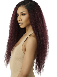 Thumbnail for A woman shown in side profile wearing a long, dark brown to deep burgundy wavy wig against a plain white background.