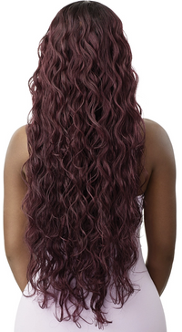 Thumbnail for Long, wavy wig in a deep burgundy plum shade, shown from the back on a model against a white background.