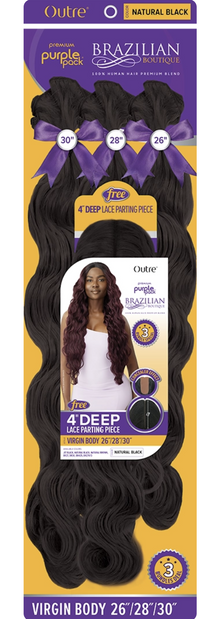 Thumbnail for A package of Outre Brazilian Bouclé Virgin Wool Body hair extensions in body 26/28/30, labeled as Natural Black, with purple and yellow packaging and three buns of black hair displayed.