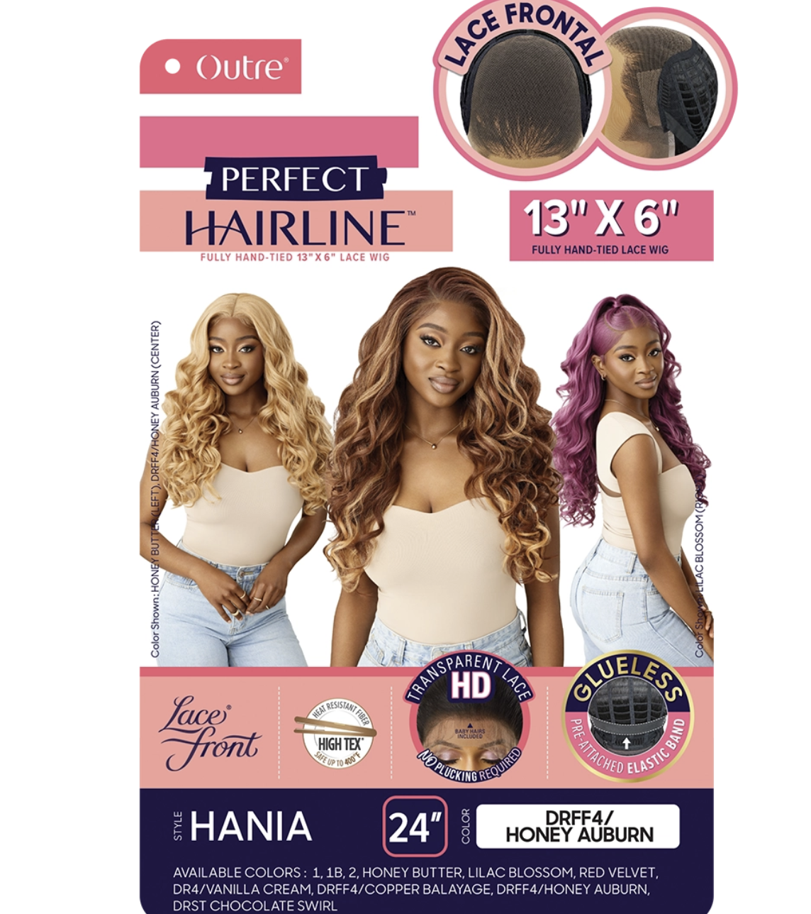 A hair extension product card for Outre Perfect Hairline Lace Wig in shade Hania, 24 inches long. The card features three models displaying different wavy hair colors (blonde, brown, and purple) and includes product details, color options, and feature badges on a white background.