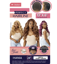 Thumbnail for A hair extension product card for Outre Perfect Hairline Lace Wig in shade Hania, 24 inches long. The card features three models displaying different wavy hair colors (blonde, brown, and purple) and includes product details, color options, and feature badges on a white background.