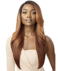 Thumbnail for Woman with long, straight, brown hair wearing a beige top on a white background