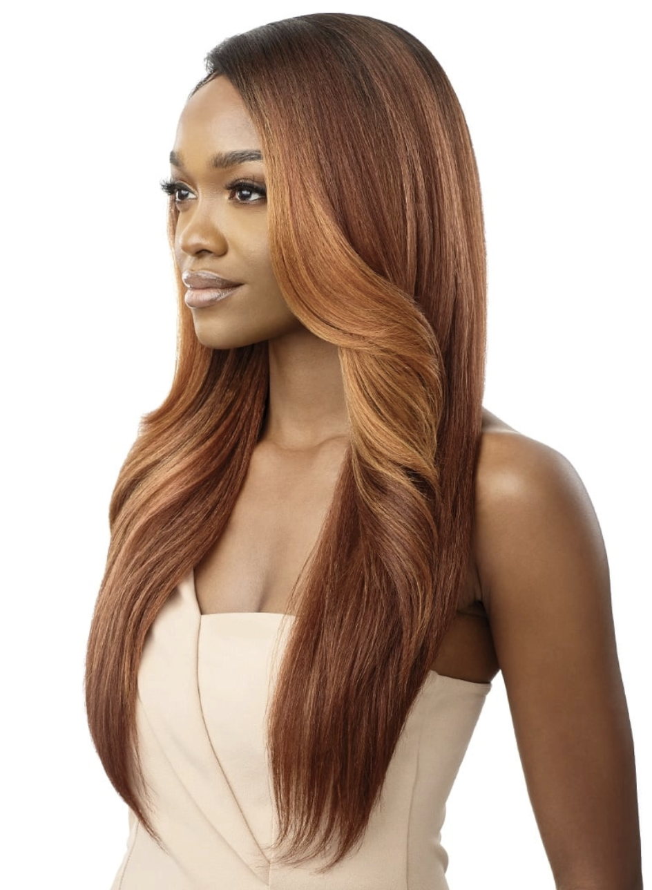 Woman with long, straight, brown hair on a white background