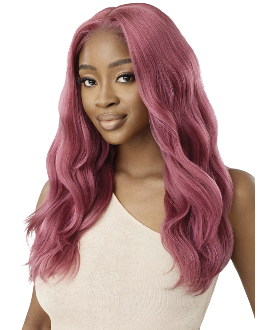 Woman with long, wavy pink hair on a white background