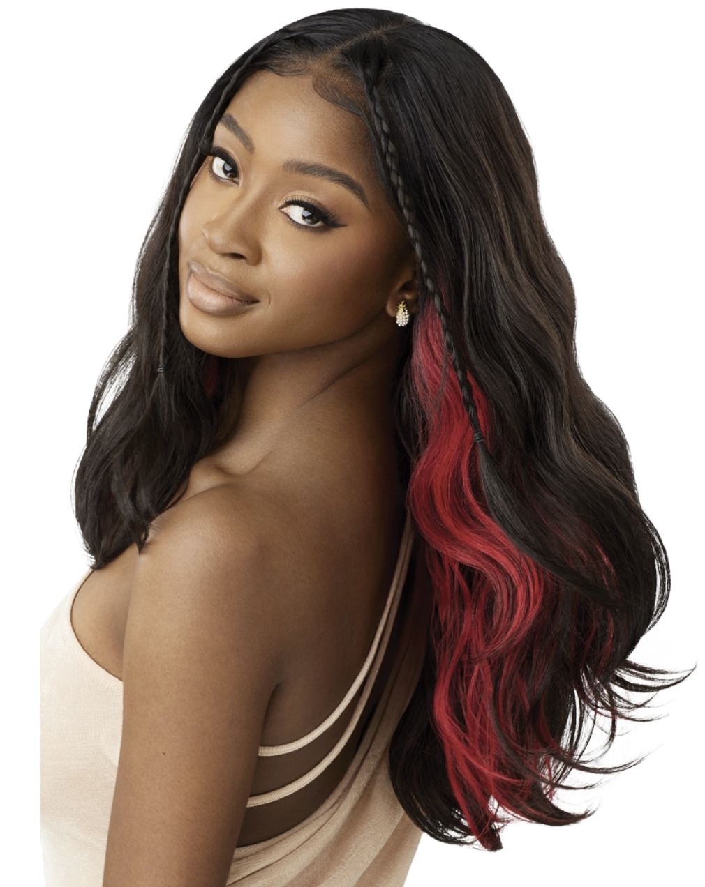 Woman with long, styled hair featuring a red ombre section on a white background