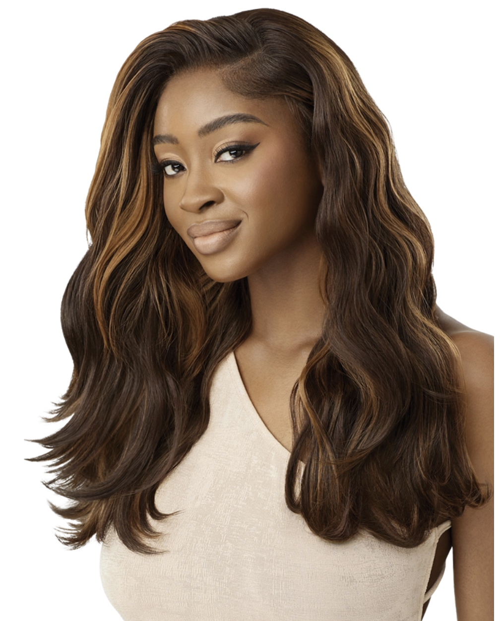 Woman with long, wavy brown hair on a white background