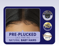 Thumbnail for Packaging of hair product with text 'Pre-Plucked Lace Parting Natural Baby Hairs' on a blue background.