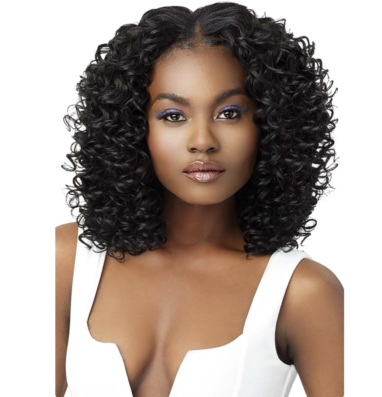 A woman with short, voluminous, tightly curled black hair wearing a white sleeveless top, shown from the chest up against a plain white background.