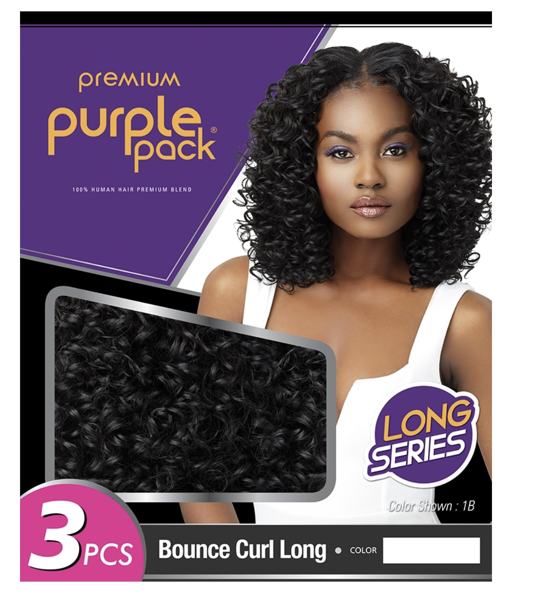 Purple Pack Premium Bounce Curl Long hair extension pack, 3 pieces, color shown is #18. The packaging features a model with voluminous black curly hair, a close-up inset of the curly hair texture, and branding for Purple Pack and Long Series.