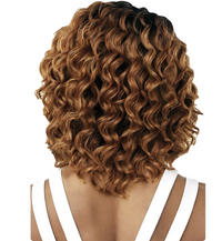 Thumbnail for Curly bob wig with a dark brown root and warm caramel-brown highlights, shown from the back on a mannequin wearing a white top against a white background.