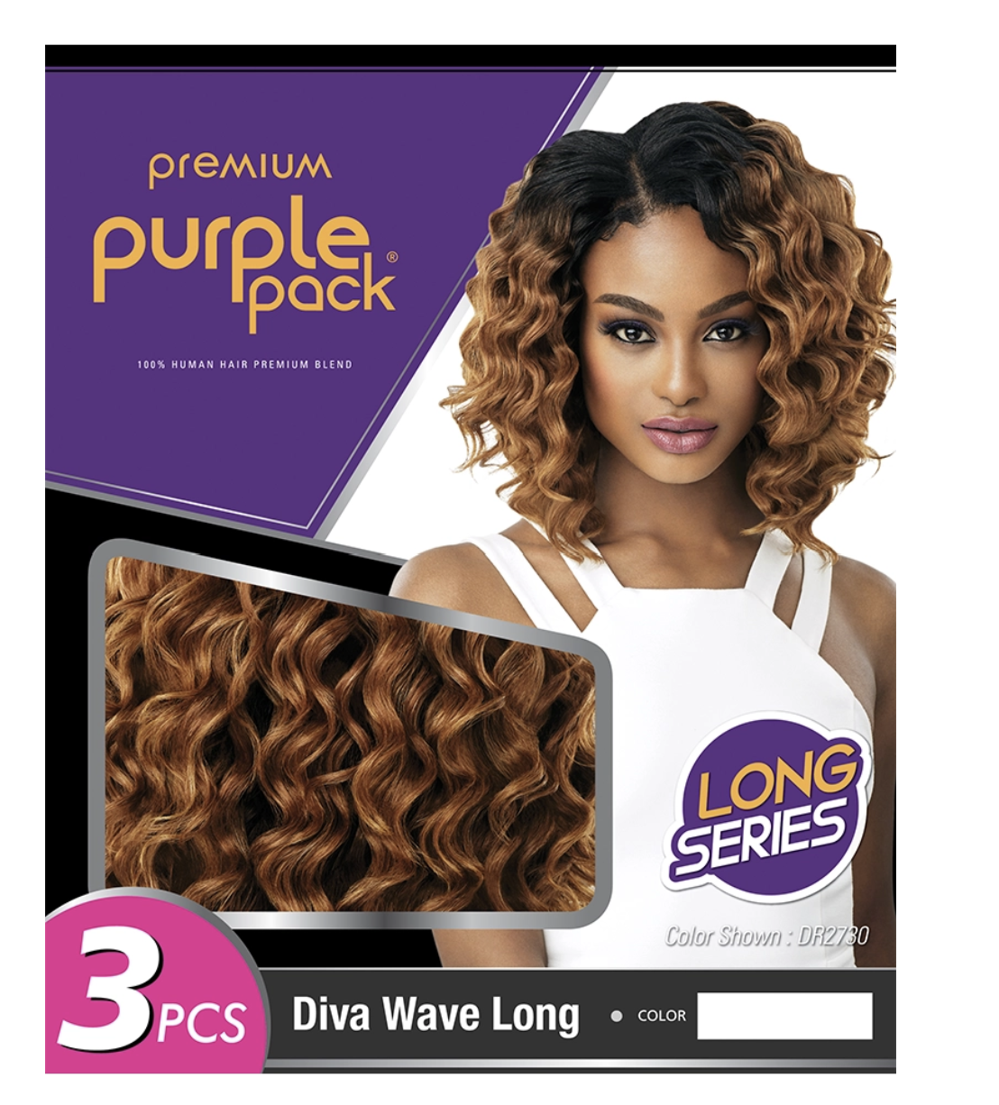 Purple Pack Diva Wave Long wig packaging featuring a model with curly ombre brown hair, an inset showing the wavy hair texture, and a purple and black box design.