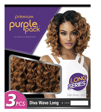Thumbnail for Purple Pack Diva Wave Long wig packaging featuring a model with curly ombre brown hair, an inset showing the wavy hair texture, and a purple and black box design.