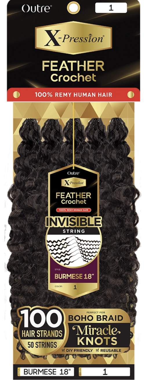 Outre X-Pression Feather Crochet hair package with black hair strands on a gold and black background