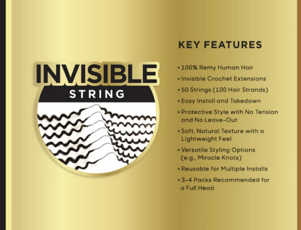 Invisible String product packaging with key features listed on a gold background
