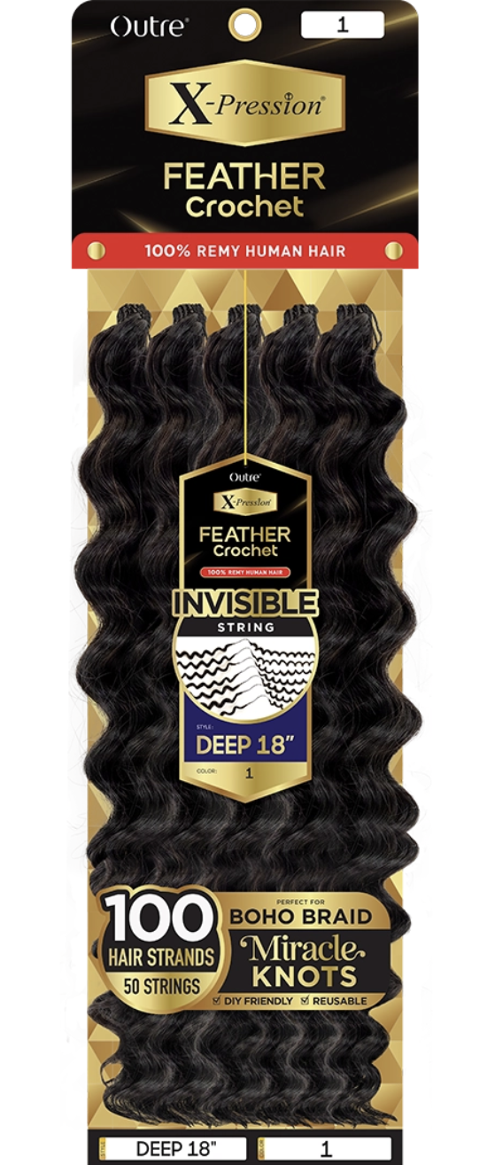 Package of Xpression Feather Crochet hair extensions with black hair strands.