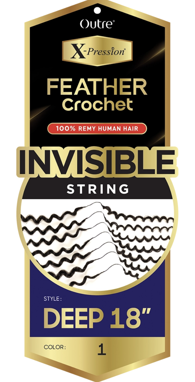 Package of Outre Xpression Feather Crochet Invisible String with deep 18” design.