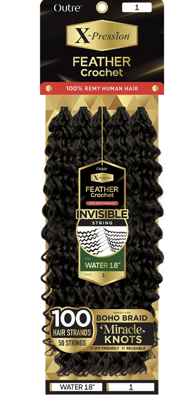 Package of Outre X-Pression Feather Crochet hair extensions with black hair strands.