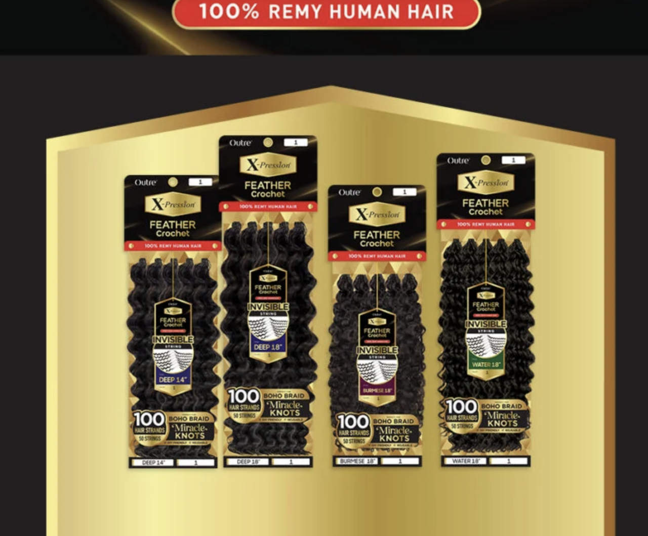 Packaging of hair extensions with '100% Remy Human Hair' text on a gold background