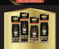 Thumbnail for Packaging of hair extensions with '100% Remy Human Hair' text on a gold background