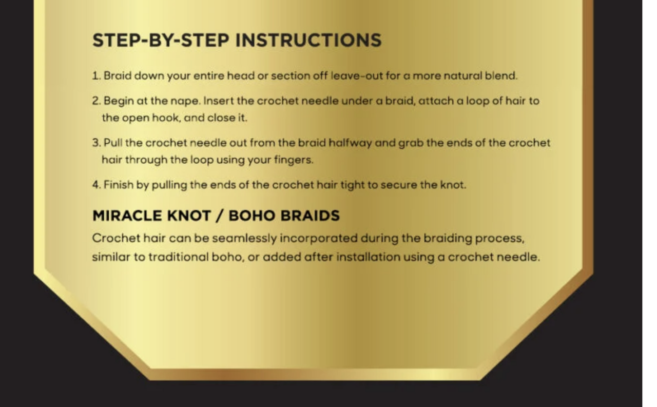 Gold plaque with step-by-step instructions for hair braiding on a black background