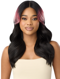 Thumbnail for Woman with long, wavy hair transitioning from black to pink on a white background