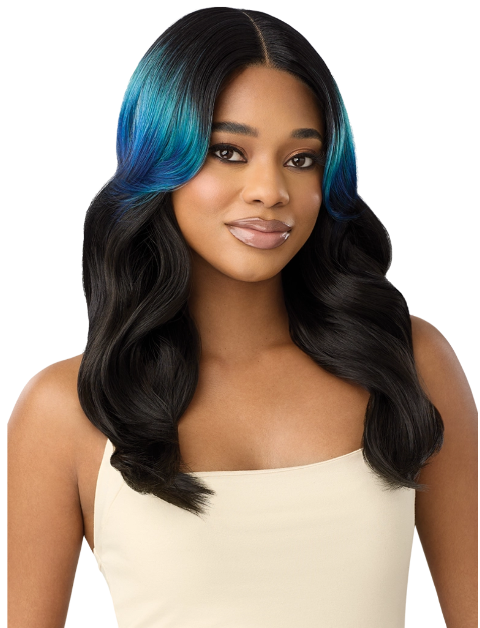 Woman with long, wavy hair transitioning from black to blue on a white background