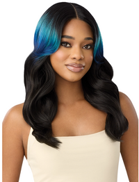 Thumbnail for Woman with long, wavy hair transitioning from black to blue on a white background
