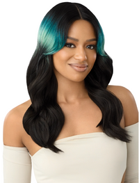 Thumbnail for Woman with black hair transitioning to blue at the ends on a white background