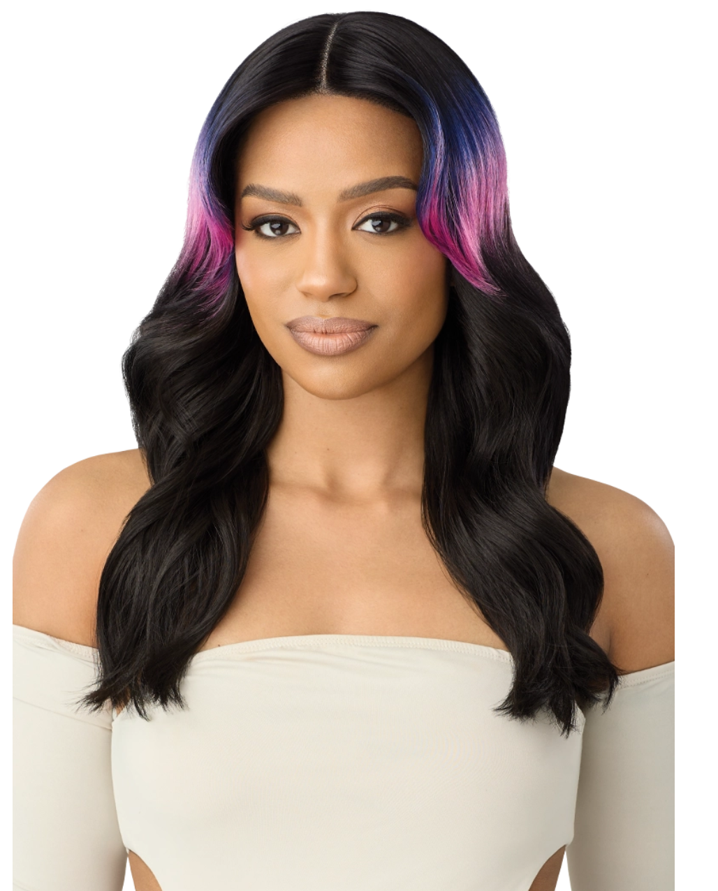 Woman with long, wavy hair featuring black, purple, and pink ombre on a white background