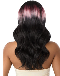 Thumbnail for Black hair with pink roots styled in loose waves on a white background