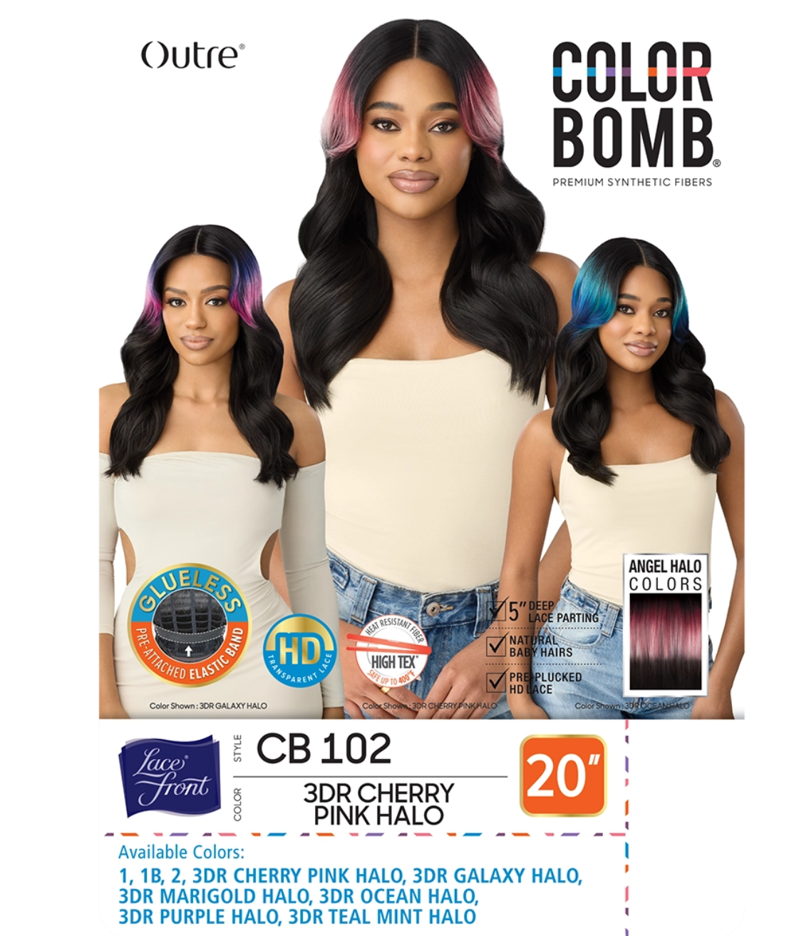 Advertisement for Outre Color Bomb synthetic hair extensions with a model wearing the product.