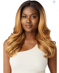 Thumbnail for Woman with long, wavy, ombre hair wearing a white top on a white background