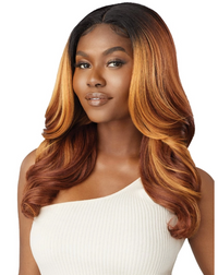 Thumbnail for Woman with long, wavy hair transitioning from black to brown on a white background